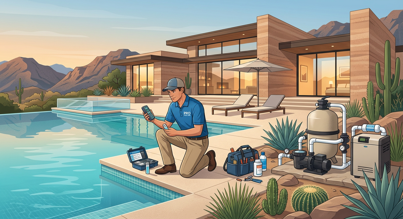 Weekly Pool Maintenance Scottsdale AZ: Luxury Care That Lasts Modern illustration of a luxury pool maintenance technician inspecting water chemistry, cleaning a pool edge, and checking...