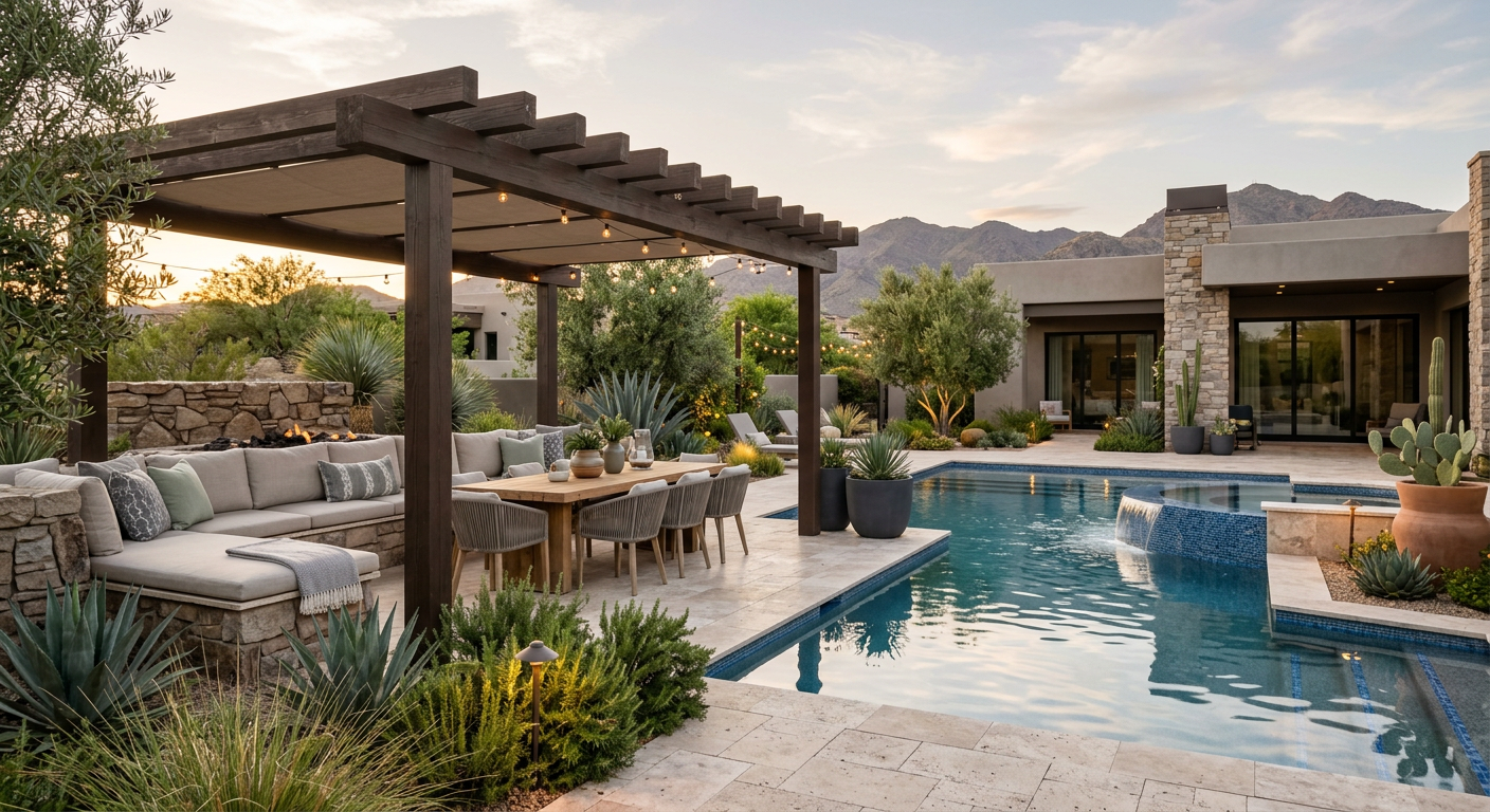 A refined outdoor entertaining area beside a custom pool and spa, showing built-in seating, pergola shade, modern planters...