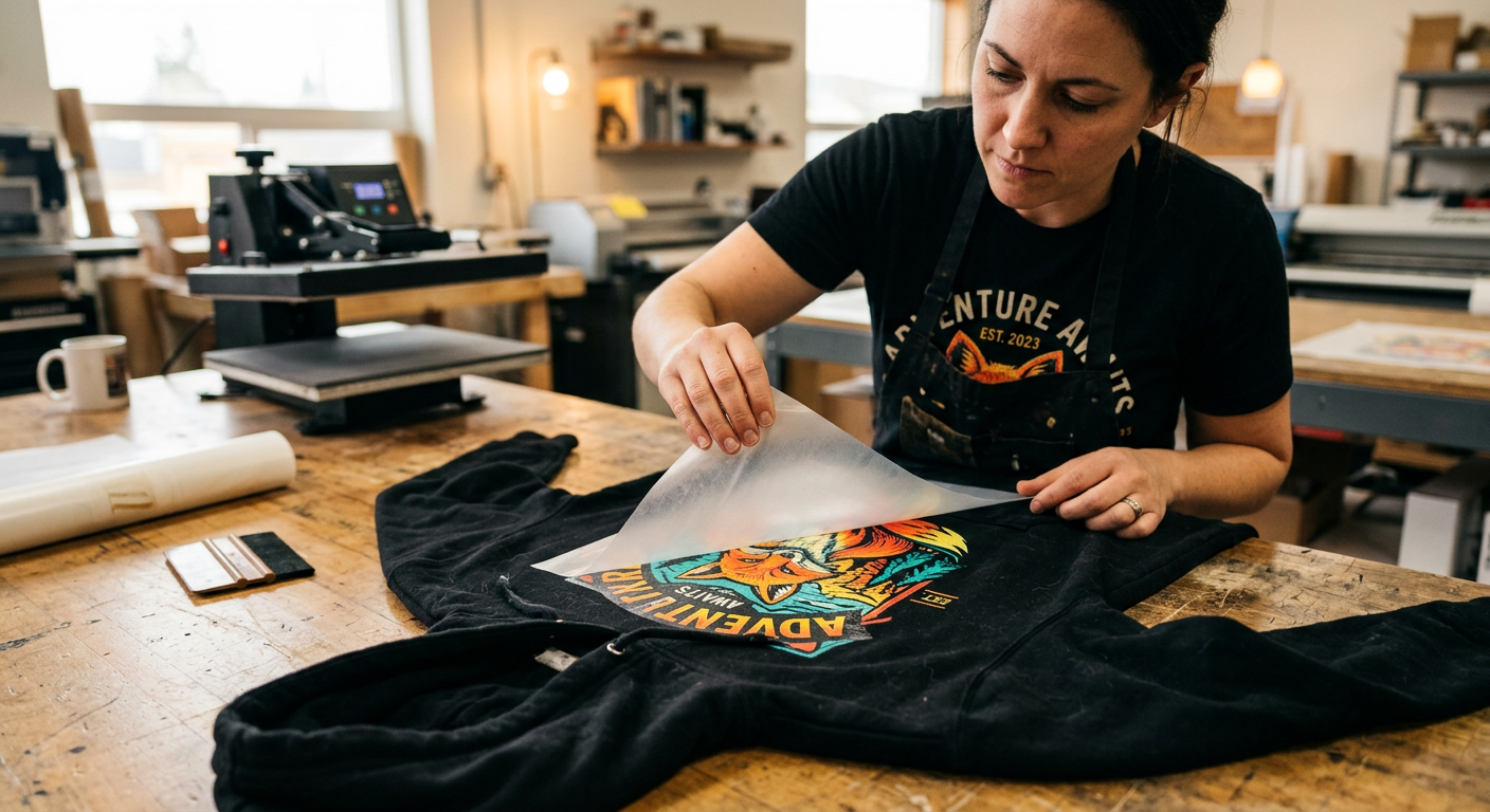 Close-up photorealistic scene of a shop operator peeling a finished transfer from a pressed hoodie, with vivid ink detail,...