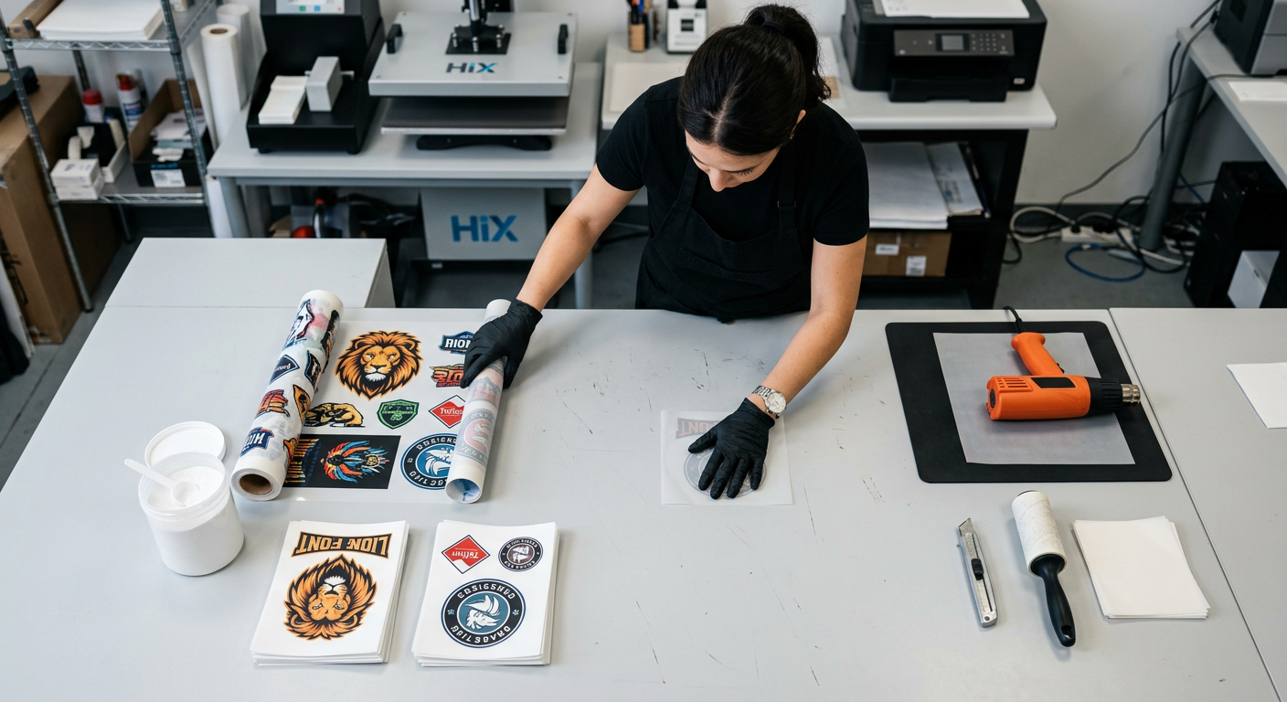 Close-up overhead view of a print technician organizing DTF film, adhesive powder, heat press tools, and finished transfer...