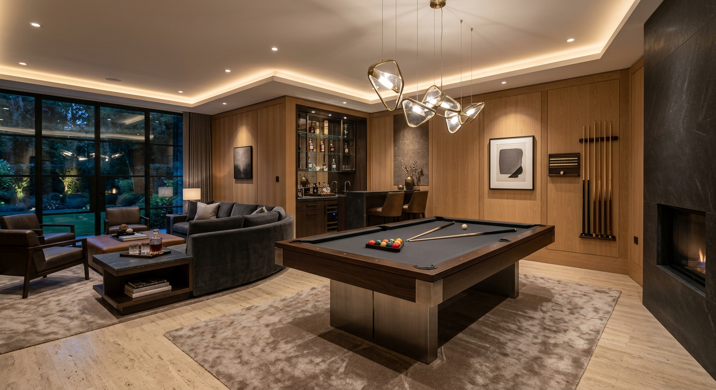 Photorealistic interior scene of a designer billiard room with a sleek custom pool table, integrated lounge seating, sculp...