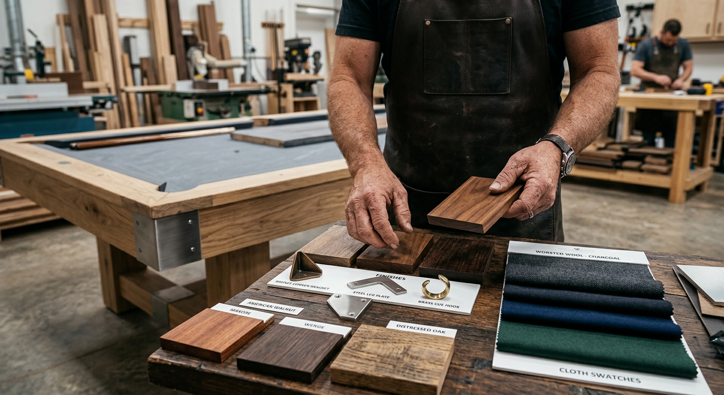 Close-up photorealistic scene of a craftsman’s hands selecting premium wood samples, metal finishes, and cloth swatches be...