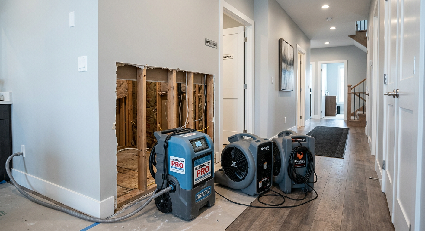 Modern restoration scene with a dehumidifier, box fans, and a partially cut-open drywall section inside a residential hall...