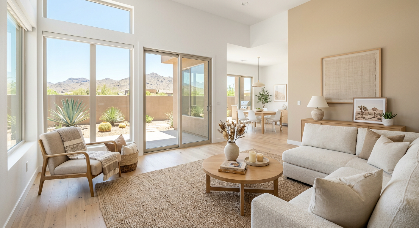 A clean, modern interior of a Phoenix living room staged for sale, bright natural light, neutral furnishings, light desert...