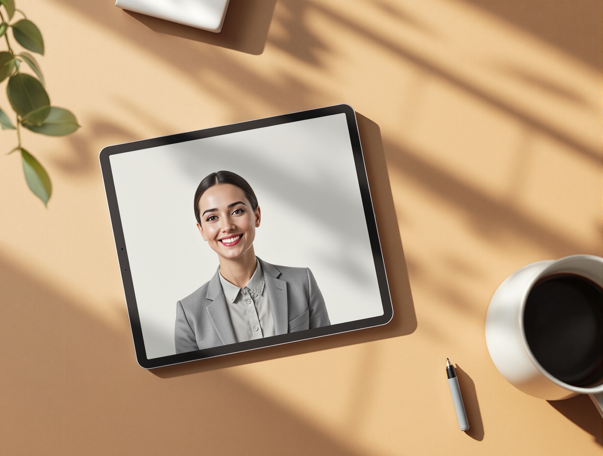 Professional AI headshot displayed on a tablet, symbolizing a visual brand anchor.