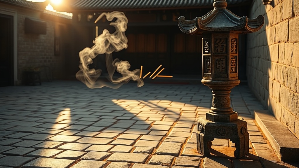 Cour intérieure d'un temple bouddhiste chinois, fumée d'encens au matin