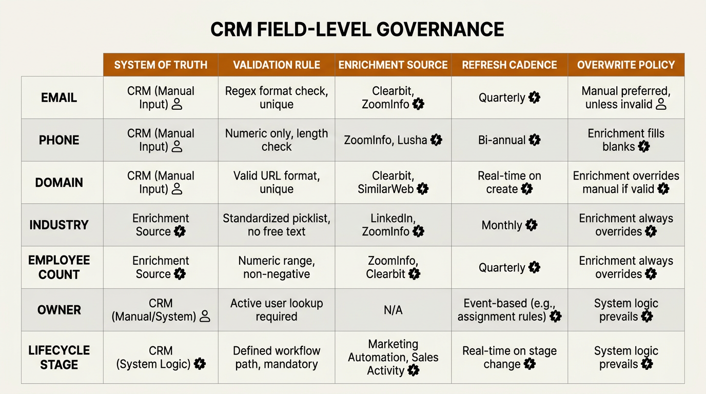 CRM field-level governance table showing enrichment sources and refresh cadence for clean CRM data