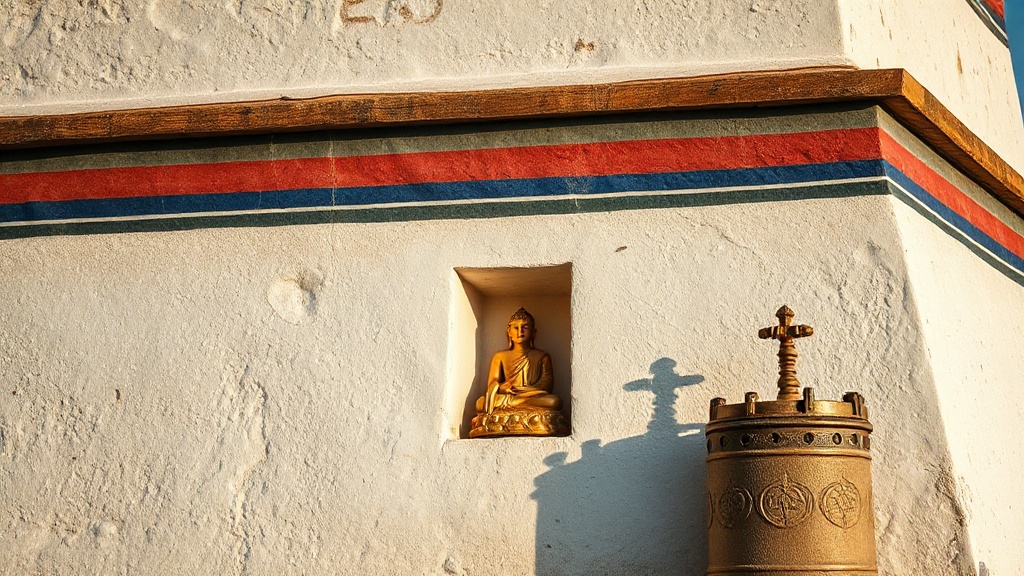 Détail architectural d'un chorten bhoutanais : niche peinte, statue et roue à prières