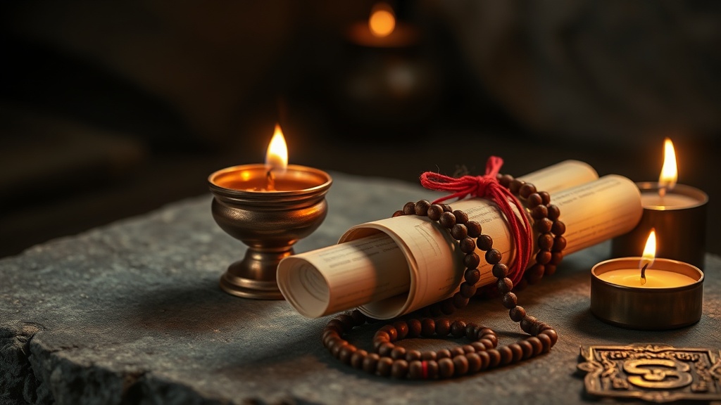 Objets rituels bouddhistes tibétains : lampe à beurre en cuivre, texte roulé et mala
