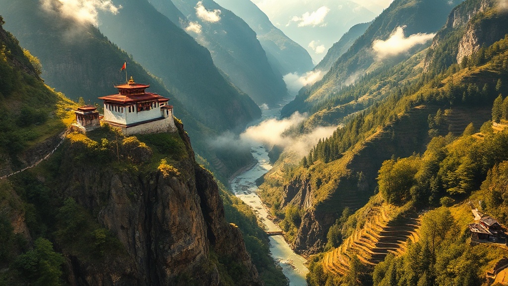 Vallée du Kuri Chhu à Lhuentse, Bhoutan, avec le dzong sur son éperon rocheux