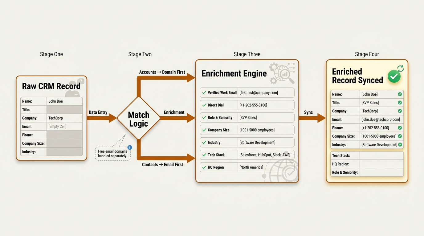 CRM data enrichment workflow diagram showing match logic and field backfill stages