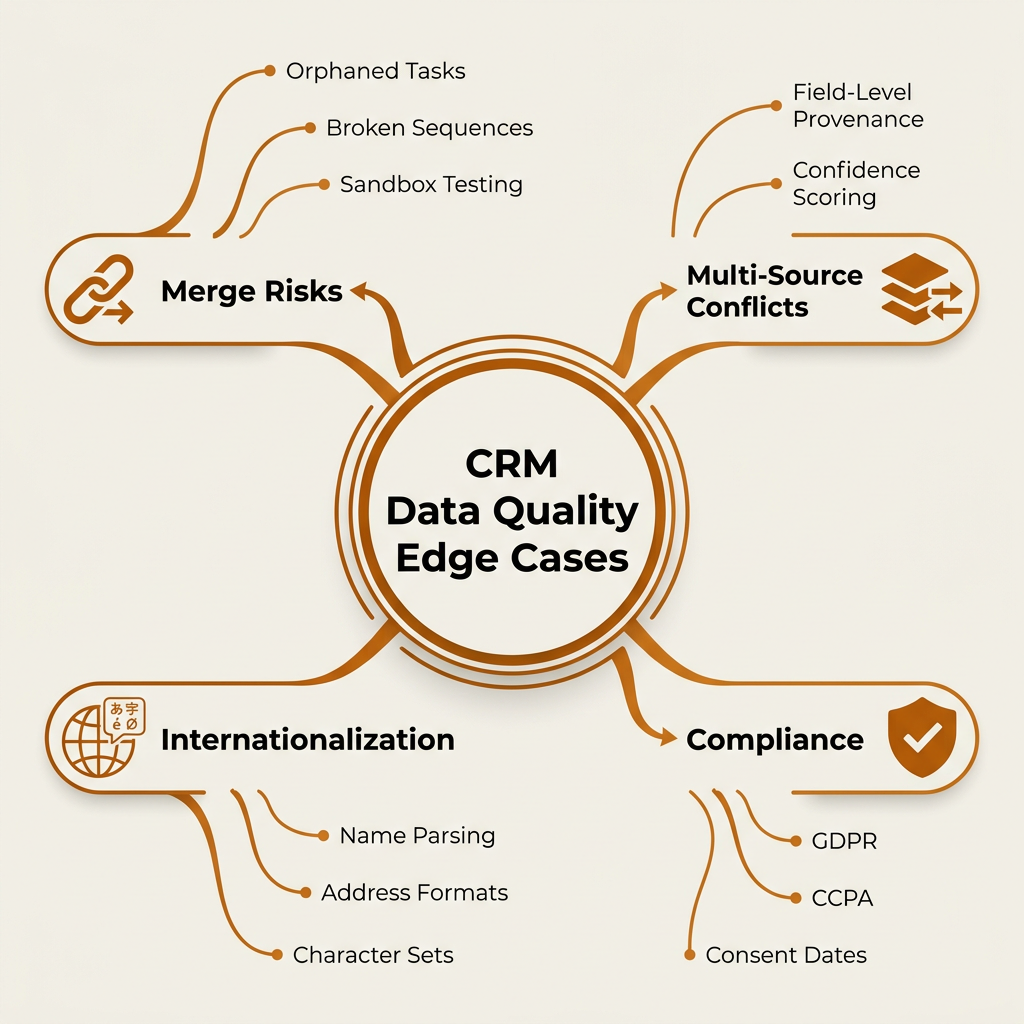 Mindmap diagram of CRM data quality edge cases including merges, compliance, and internationalization
