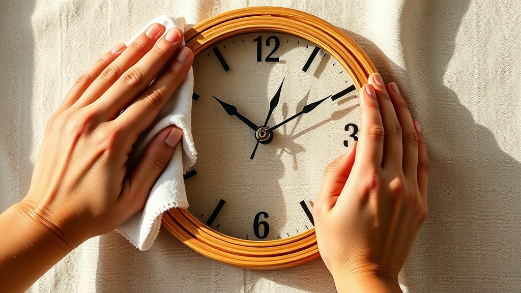 Hands cleaning a natural bamboo wooden wall clock with a dry microfiber cloth