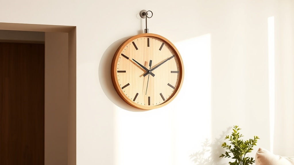 Freshly cleaned and polished wooden wall clock hanging on a Scandinavian-style living room wall