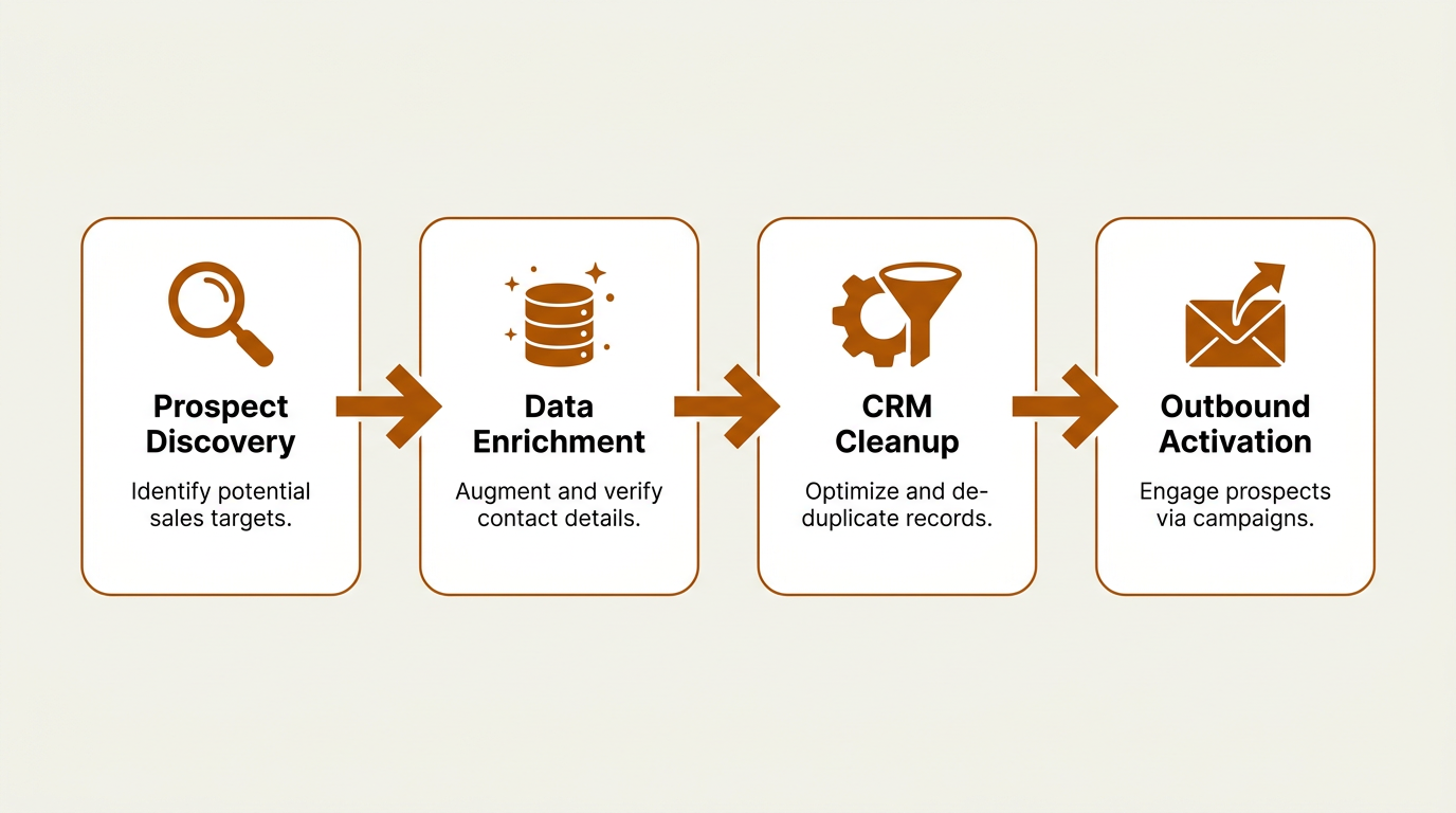 Four-stage sales navigator prospecting workflow flowchart from discovery to activation
