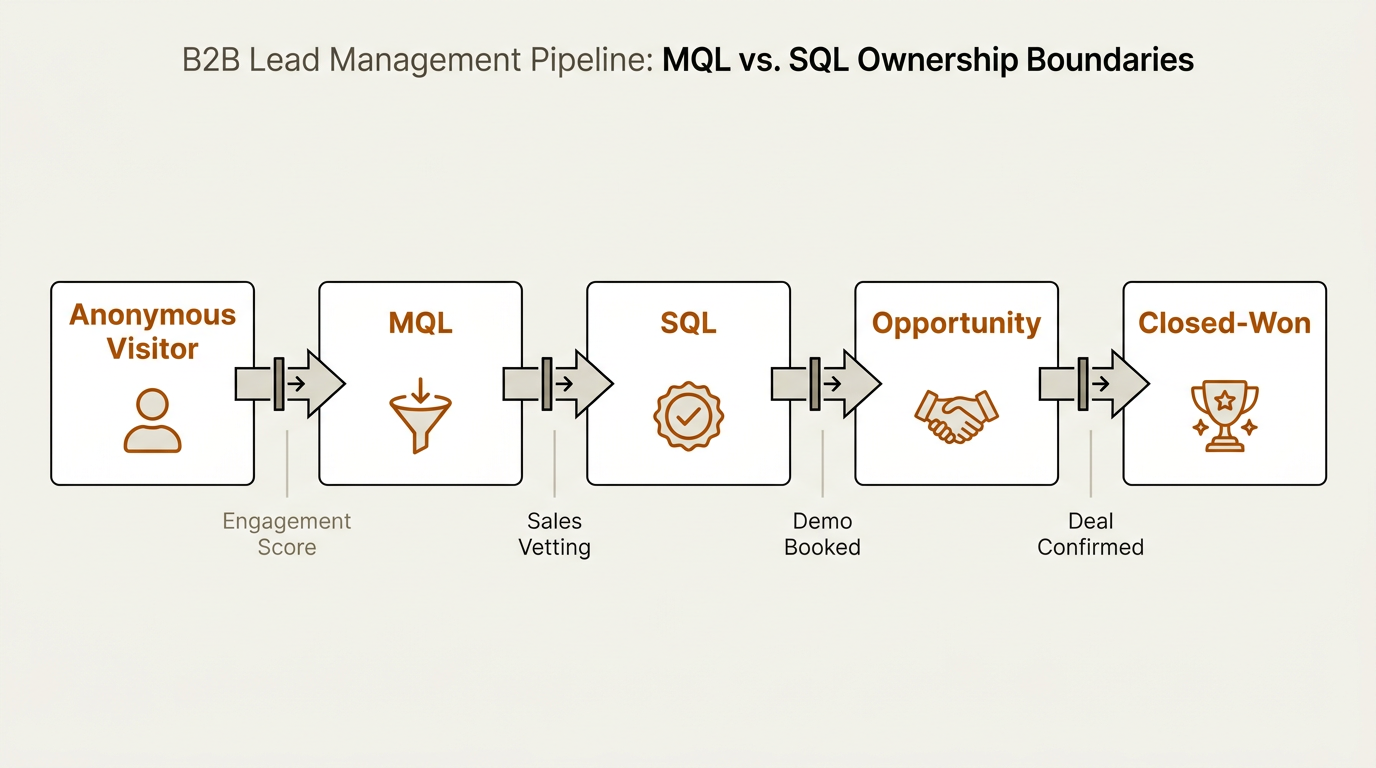 Horizontal flowchart showing B2B lead qualification stages from MQL to SQL to closed-won
