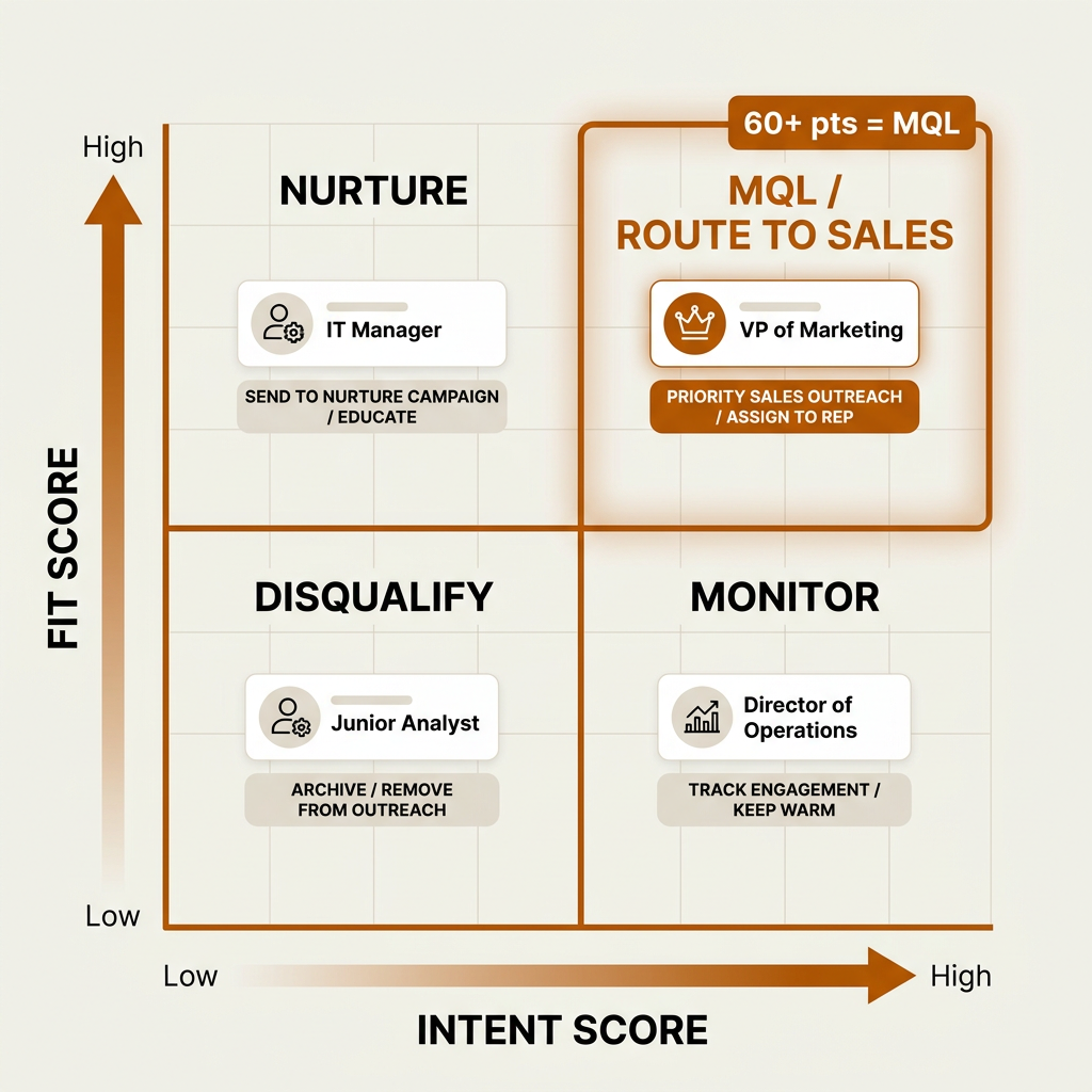 Lead scoring matrix for B2B MQL qualification with fit and intent axes