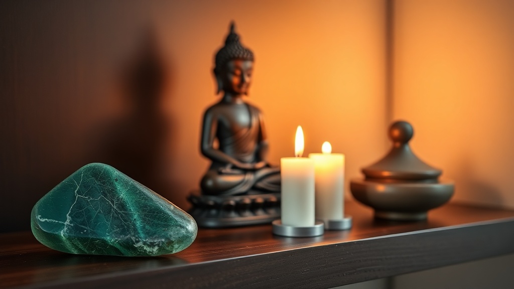 Small home Buddhist altar with green aventurine stone beside a bronze Buddha figure and candles