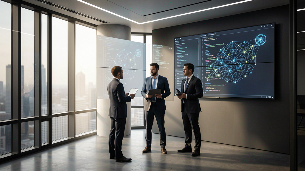 Sleek modern tech office with large screens displaying AI code and neural network graphics, three people in business attire studying a proje