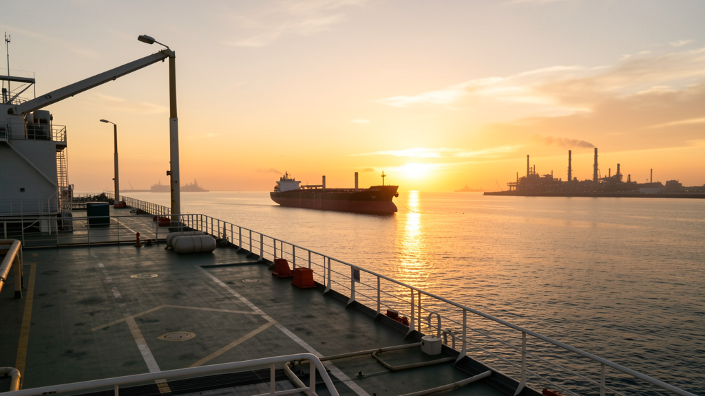 Oil tanker on calm ocean viewed from bridge deck, oil refinery silhouettes in distant background, golden hour sunset sky, cinematic photorea