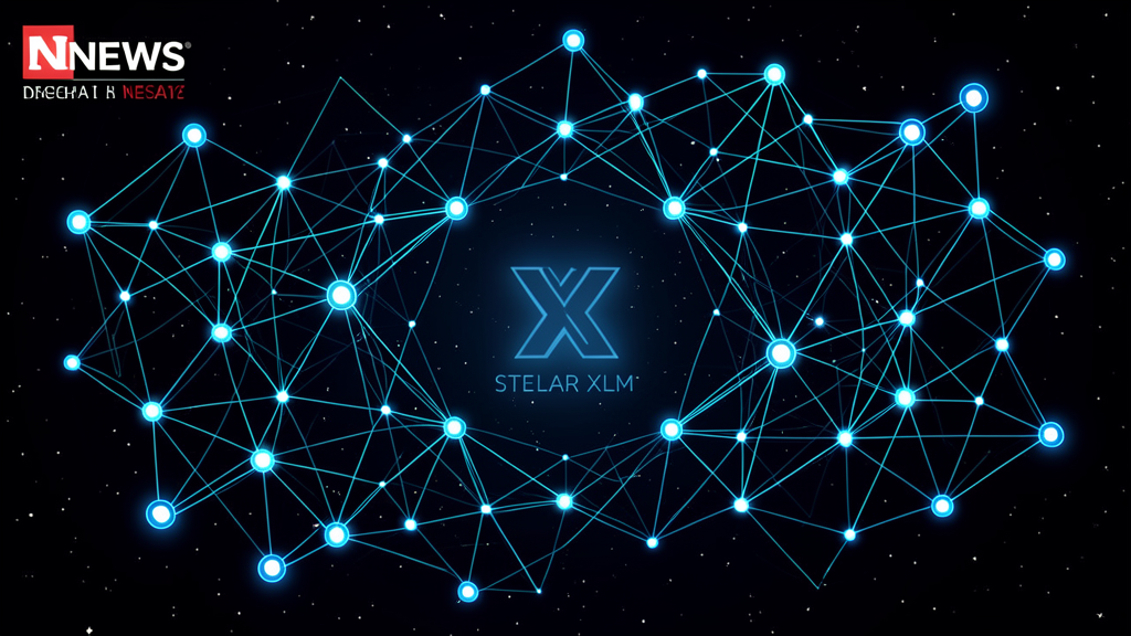 Digital cryptocurrency blockchain network visualization with glowing interconnected nodes floating in dark space, Stellar XLM logo subtle in