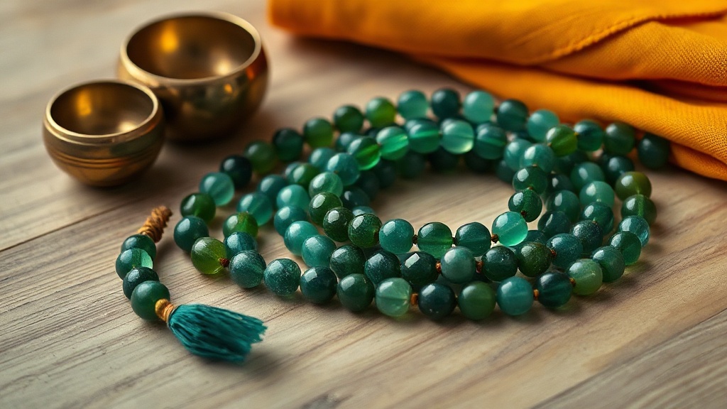 Green aventurine mala beads coiled on wooden surface beside a brass singing bowl and saffron cloth