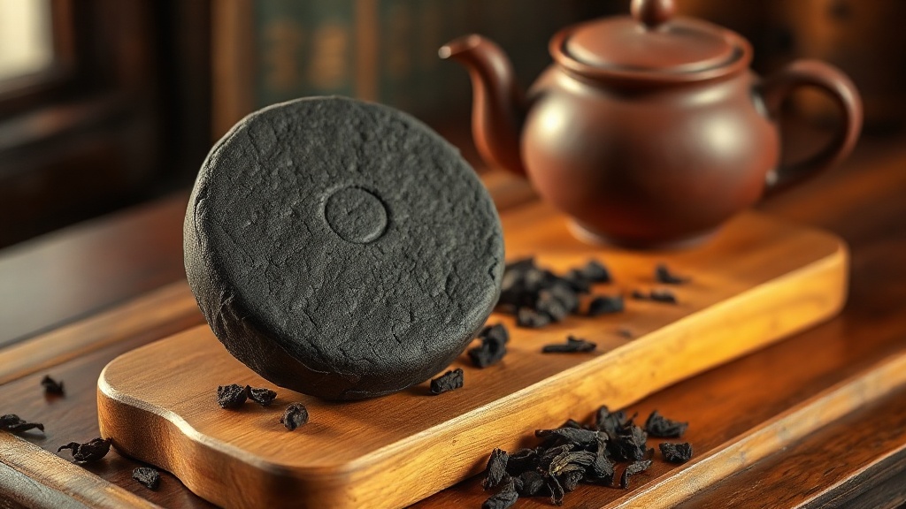Galette de pu-erh et feuilles de thé pu-erh vieilli sur une planche en bois
