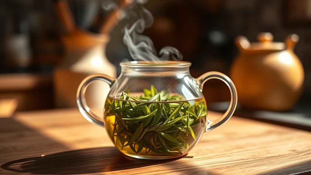 Feuilles de thé vert en train de s'infuser dans une théière en verre, vapeur légère