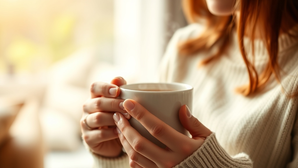Mains tenant une tasse de tisane chaude dans une ambiance cosy
