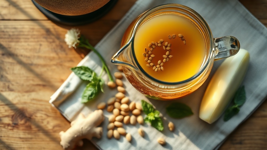 Infusion digestive fenouil gingembre menthe dans une théière en verre sur une table en bois