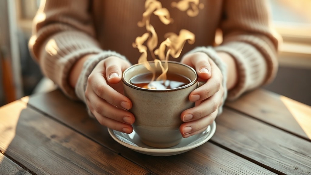 Mains tenant une tasse de tisane digestive chaude dans une ambiance cosy et apaisante