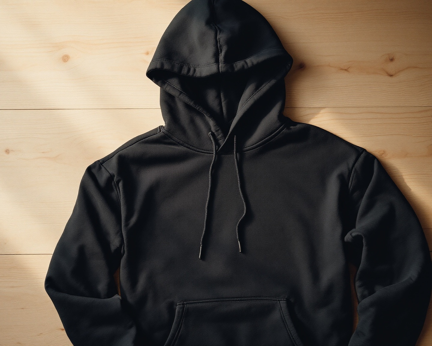 Overhead flat-lay of a dark hoodie folded neatly on a light wooden surface, soft shadows, minimalist composition, no text, no people, no calligraphy visible