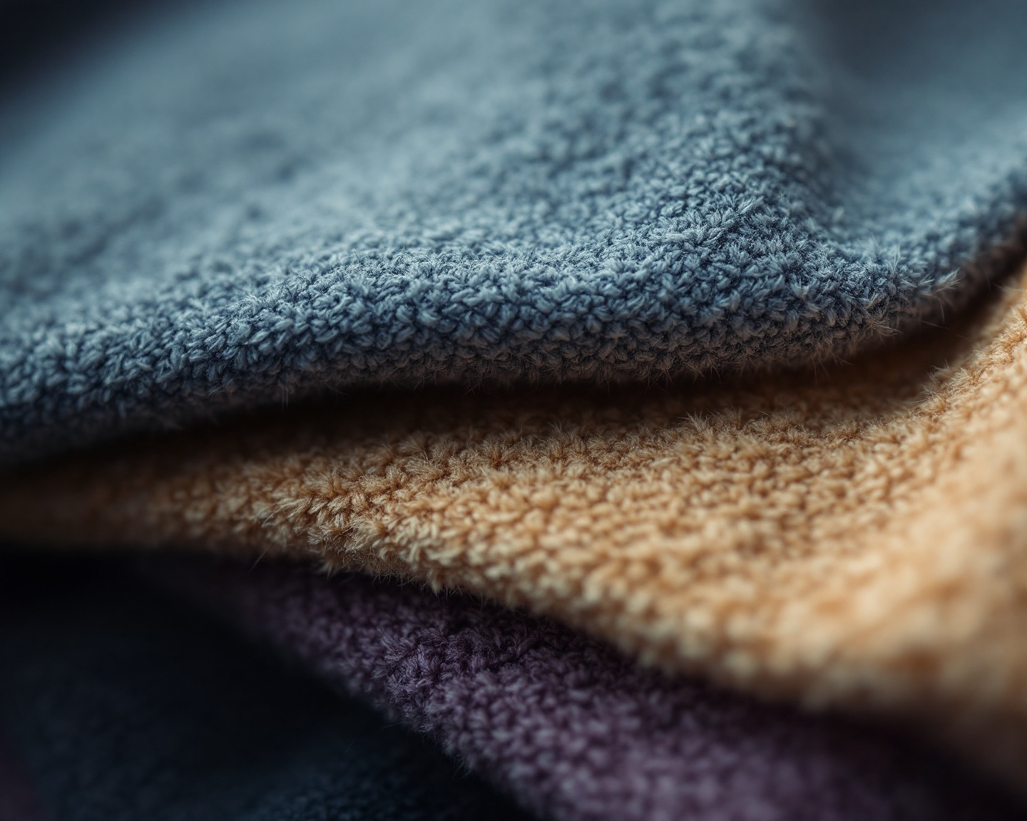 Close-up macro shot of layered fleece fabric textures on a grey background, emphasising weave detail, soft focus edges, no people, no text, no products