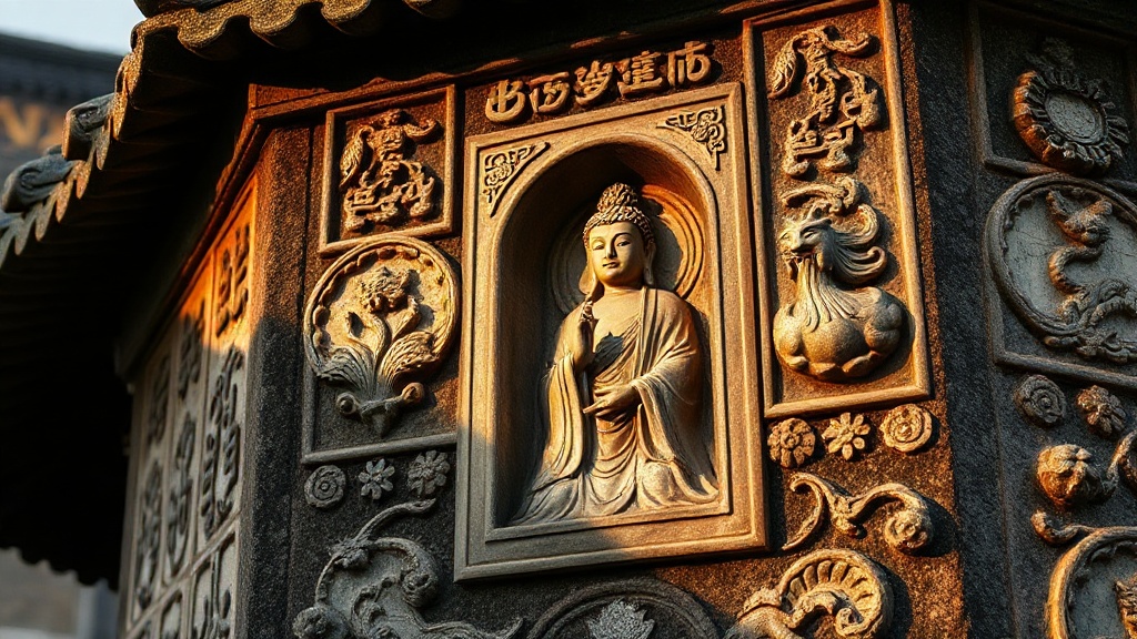 Relief sculpté en granite sur la pagode Song du temple Xingshengjiao, représentant un bodhisattva en méditation