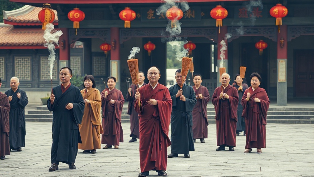 Pèlerins bouddhistes en prière dans la cour du temple Xingshengjiao lors d'une fête du calendrier lunaire