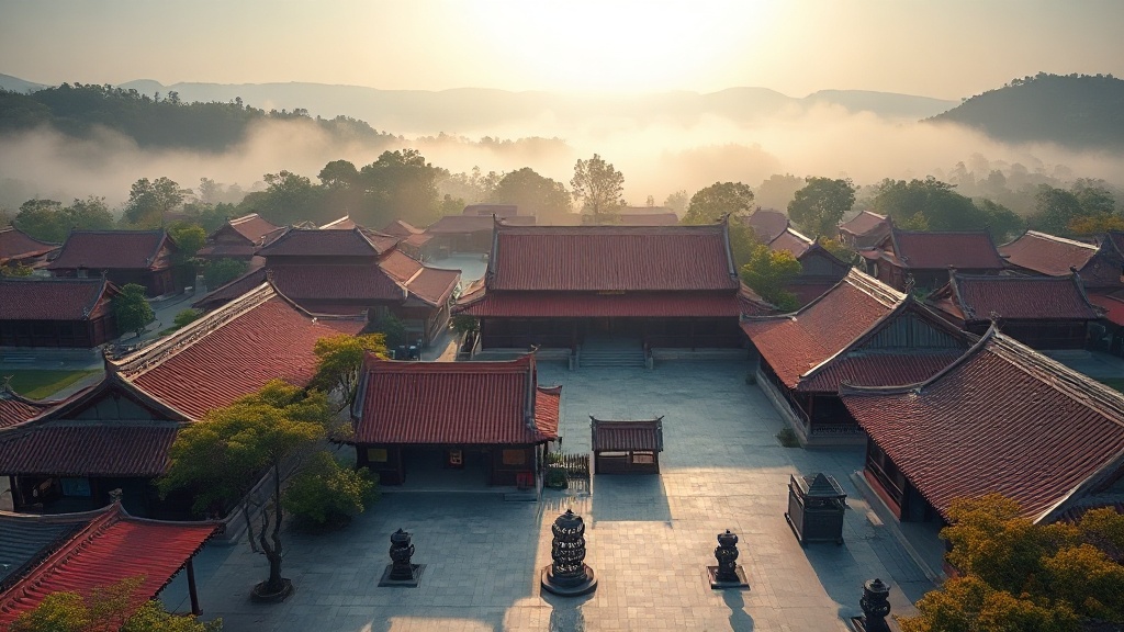 Vue aérienne du complexe du temple Xingshengjiao à Nan'an, province du Fujian, Chine