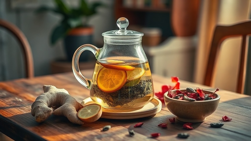 Ingrédients pour préparer un thé minceur maison : gingembre frais, thé vert, hibiscus séché