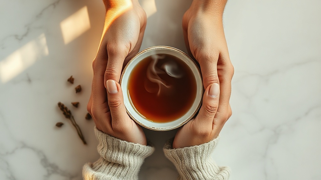 Mains tenant une tasse de thé chaud vapeur, rituel bien-être quotidien