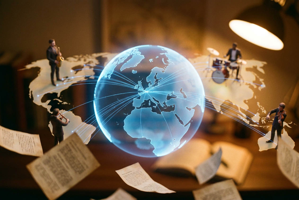 A globe showing Europe illuminated in blue with digital connection lines reaching to musicians around the world, regulatory documents floating in the air, a prominent "Article 50" stamp overlay