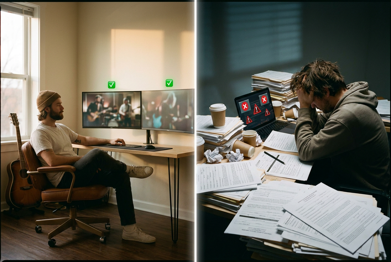 A split-screen showing two paths: on one side, a musician confidently creating an AI music video with proper compliance badges and labels visible on screen; on the other side, a musician looking stressed surrounded by warning notices and legal documents