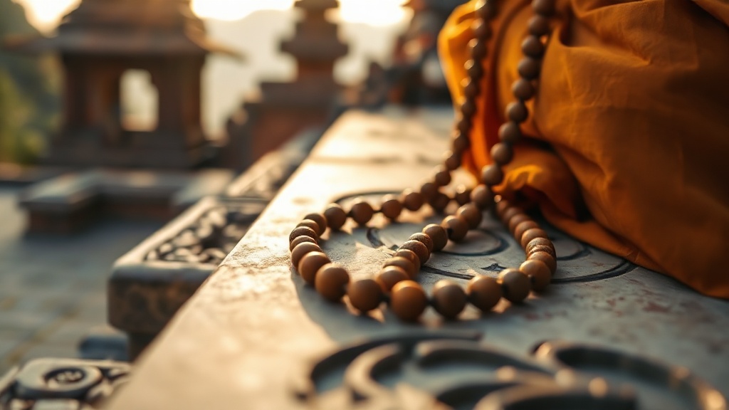 Moine bouddhiste thaïlandais tenant un mala en bois lors d'une prière matinale au temple