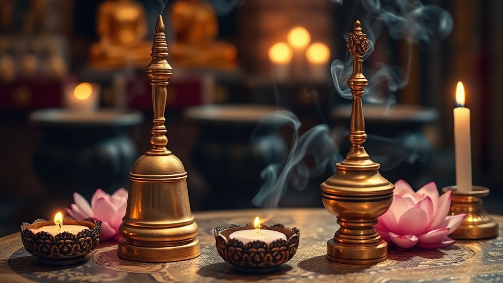 Ghanta et vajra posés sur un autel bouddhiste thaïlandais, objets rituels indispensables à la prière