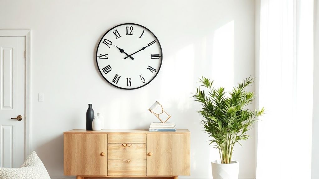 Black Nordic bamboo wood wall clock on a white Scandinavian-style living room wall