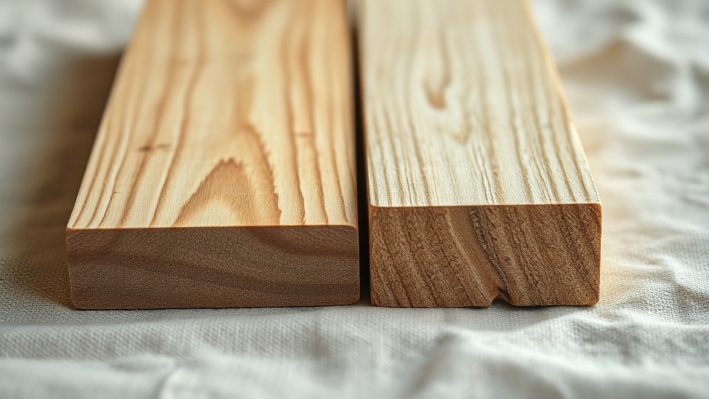 Cross-section comparison of solid wood plank and MDF board showing grain and fiber differences