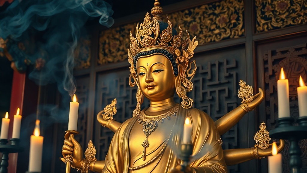 Statue dorée de Guanyin aux mille bras dans un temple bouddhiste chinois, avec fumée d'encens et détails laqués