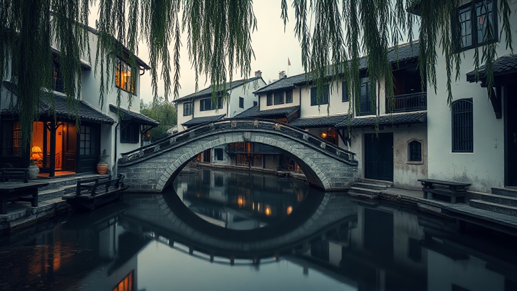 Canal du vieux bourg de Qibao à l'aube, avec pont en pierre voûté et maisons à colombages de la dynasty Song