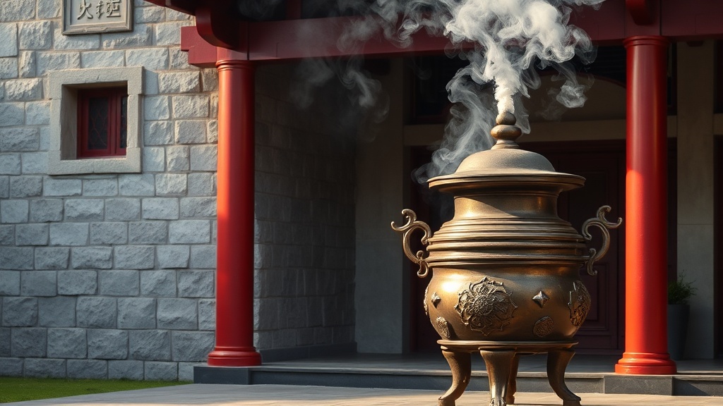 Brûle-encens en bronze dans la cour d'un temple bouddhiste chinois, fumée d'encens et colonnes rouges en arrière-plan