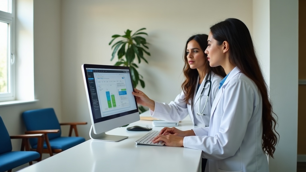 Profissional de saúde e recepcionista revisando informações de preços no computador na recepção do consultório.