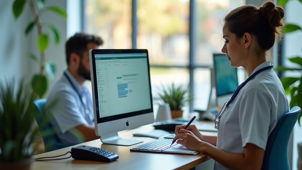 Recepcionista de clínica analisando mensagens e agenda para organizar pacientes conforme perfil de preço.