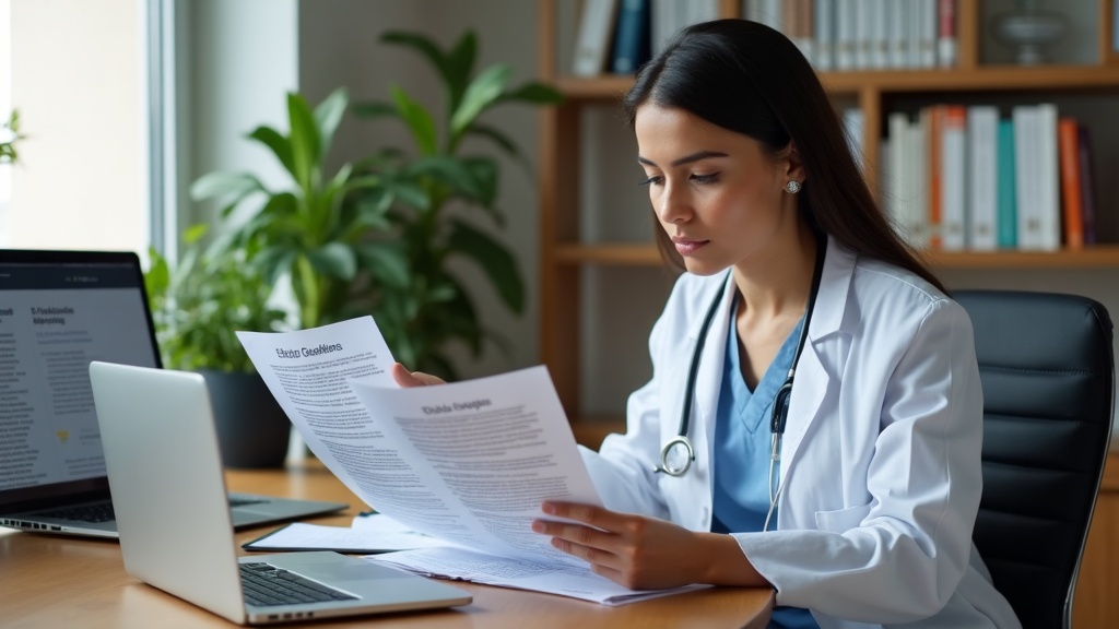 Médico em consultório revisando orientações éticas ao lado de rascunho de site no notebook.